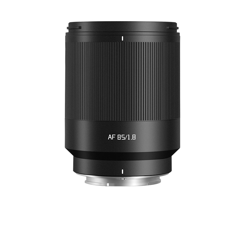 A black Sony AF 85mm 1.8 lens shown from the front against a solid white background.