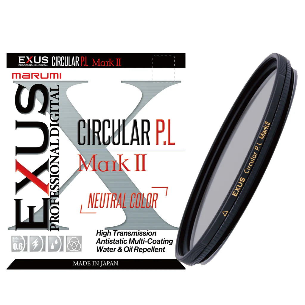Marumi EXUS Circular PL Mark II filter with packaging on a white background
